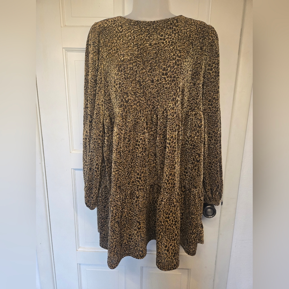 Leopard Print Long Sleeve Tiered Babydoll Dress - Metallic Gold & Black
